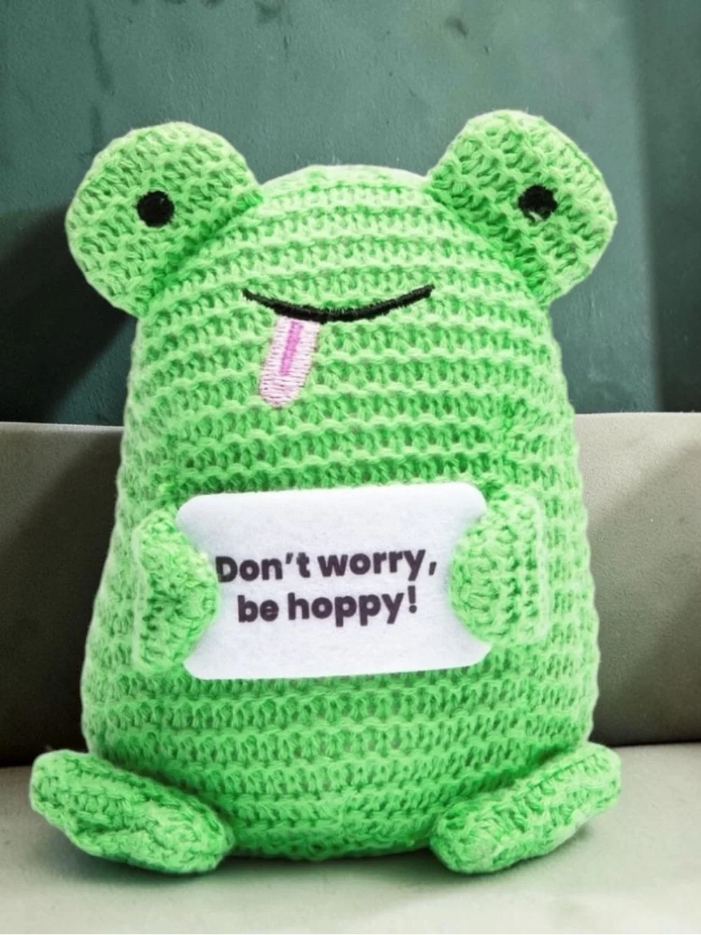 Green Crochet Frog Plush - 'Don't Worry, Be Hoppy!'